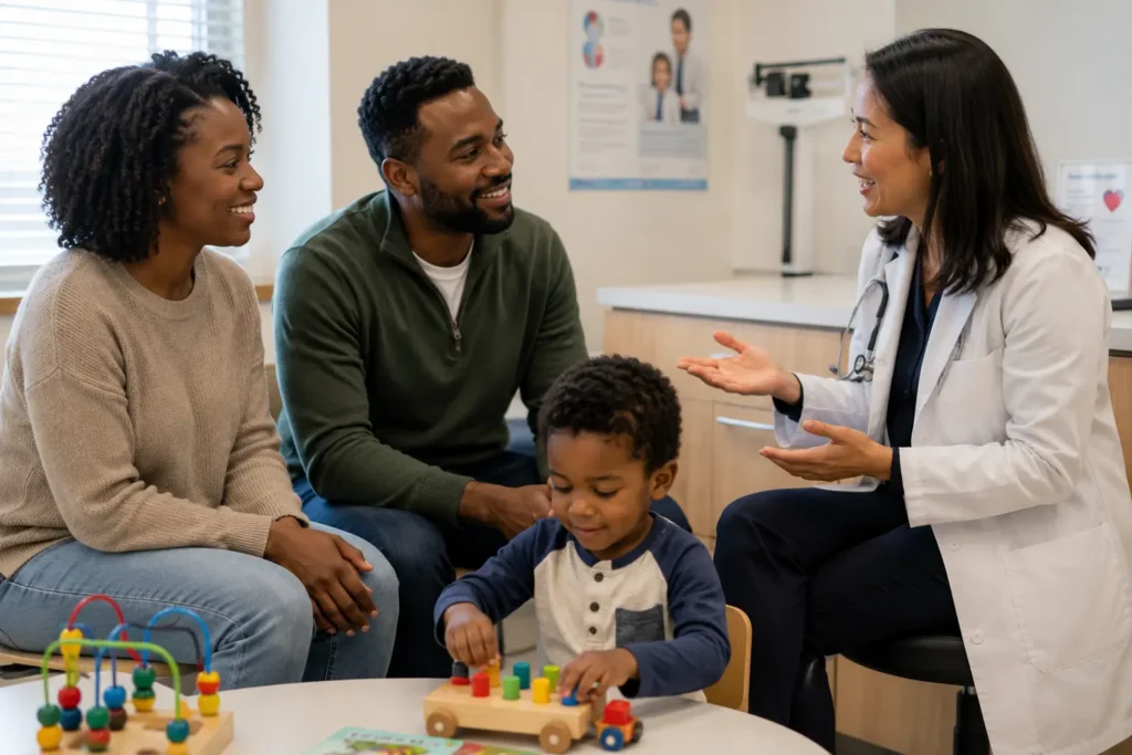 Parent and child in doctors offices with a pediatrician