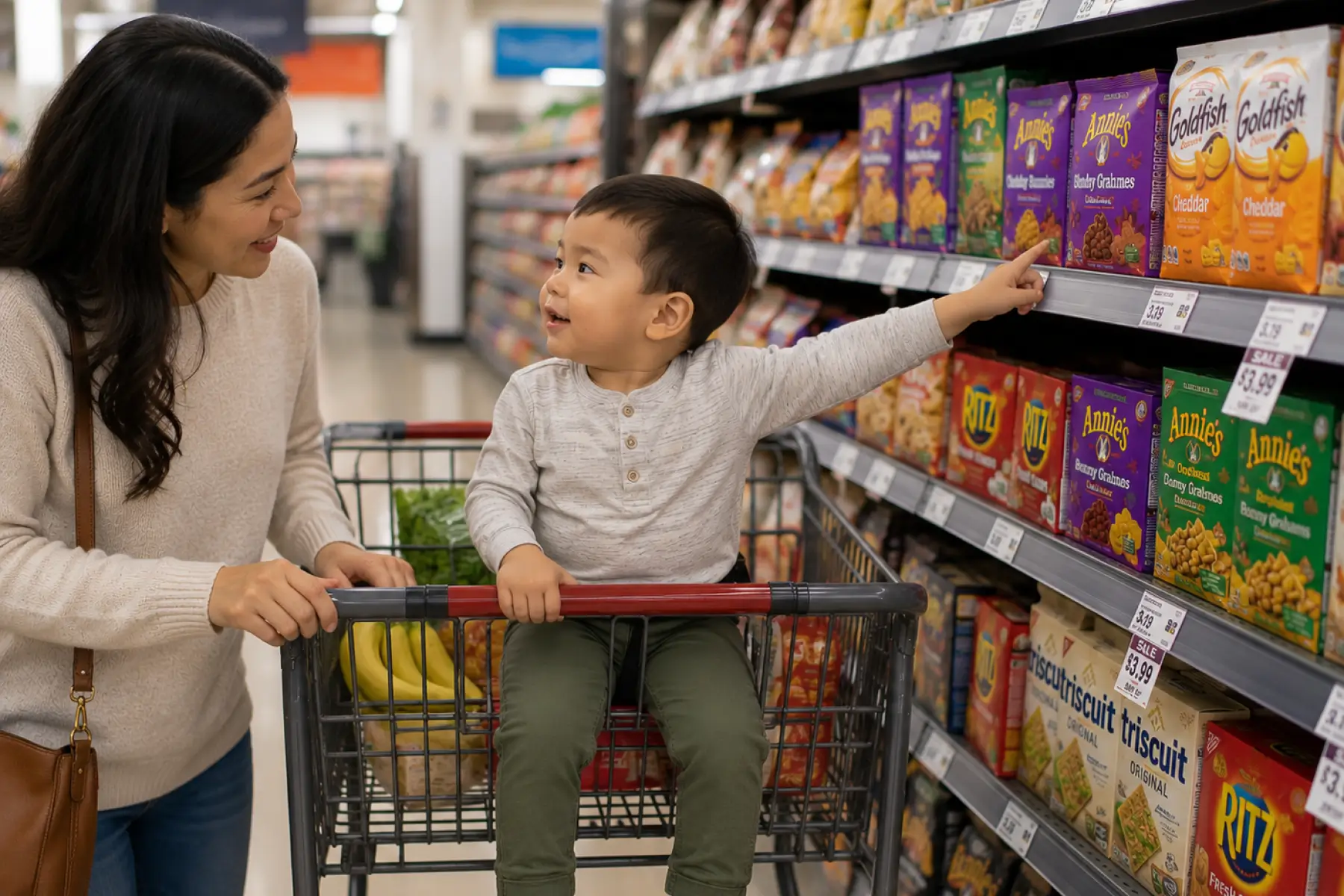 Child with mother pointing to item in grocery store