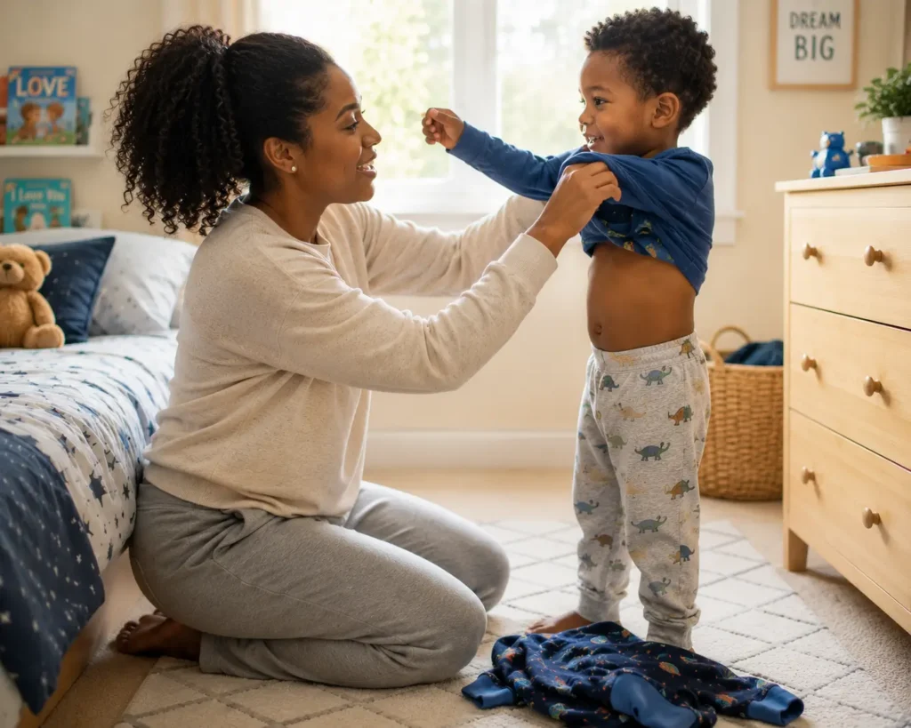 Mother getting child dressed