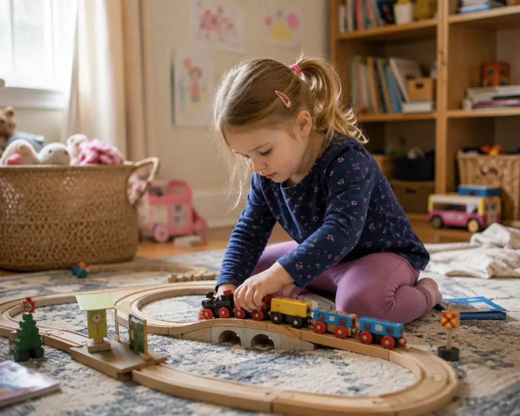 Child playing with train set