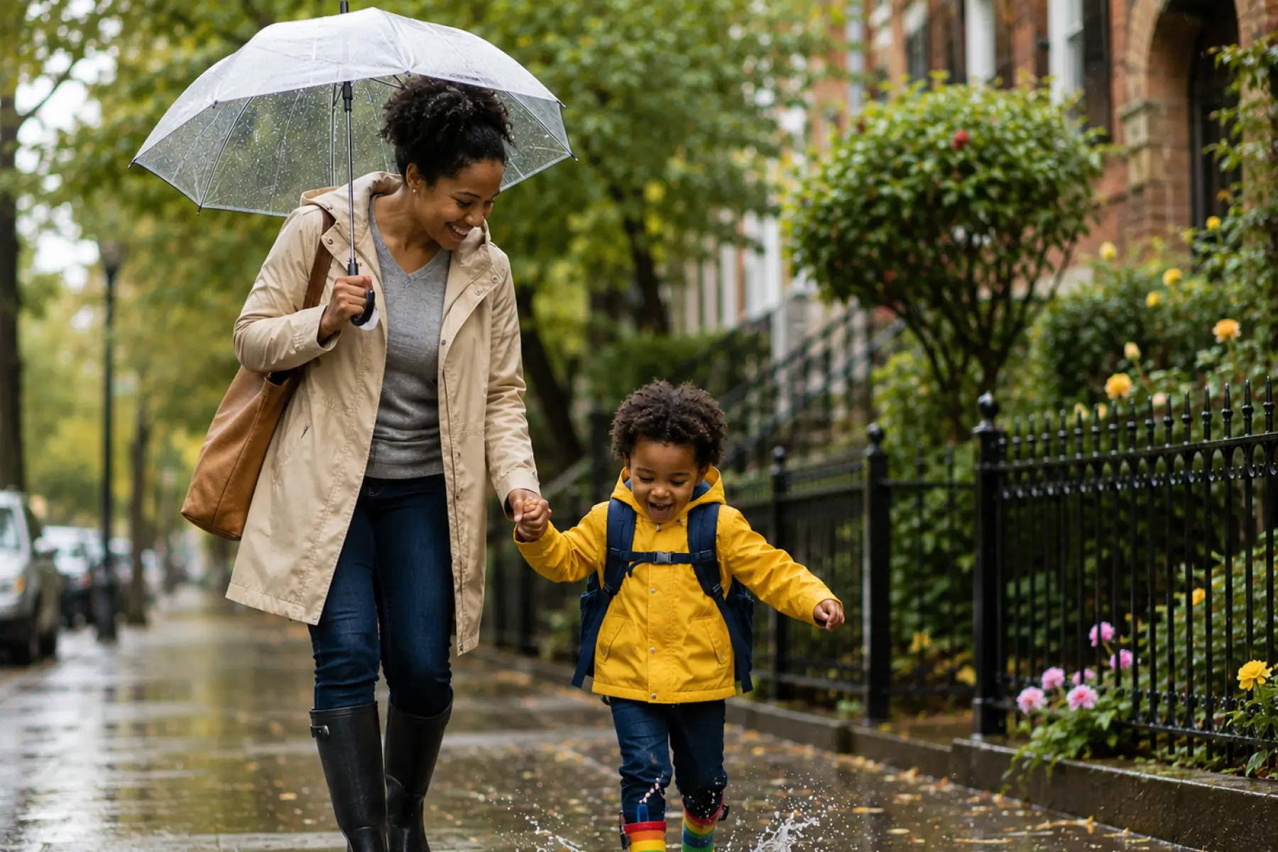 Mother walking with child in rain