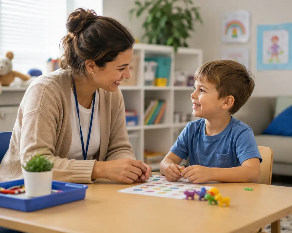 child and therapist smiling at eadh other