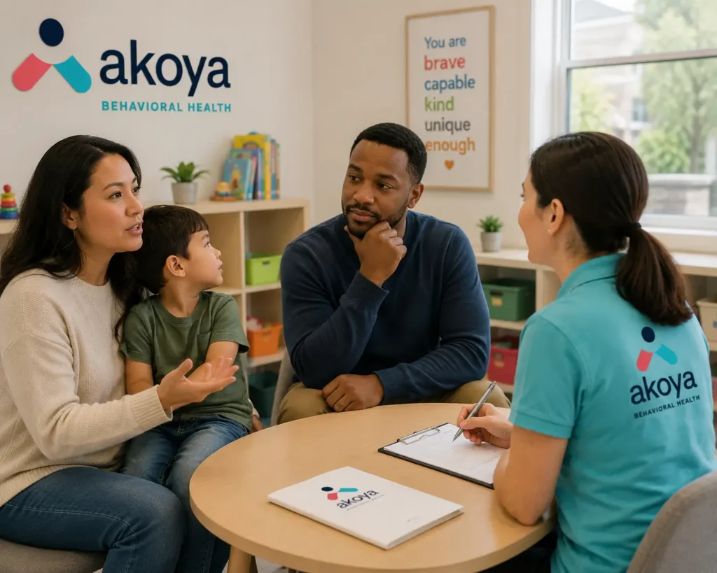 Parents with child talking to BCBA at Akoya center