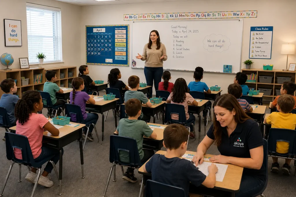 ABA therapist working with child in classroom setting