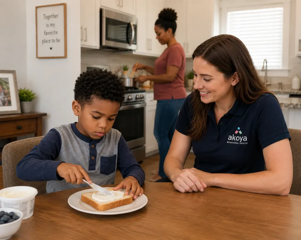 Child preparing food with ABA therapist at home