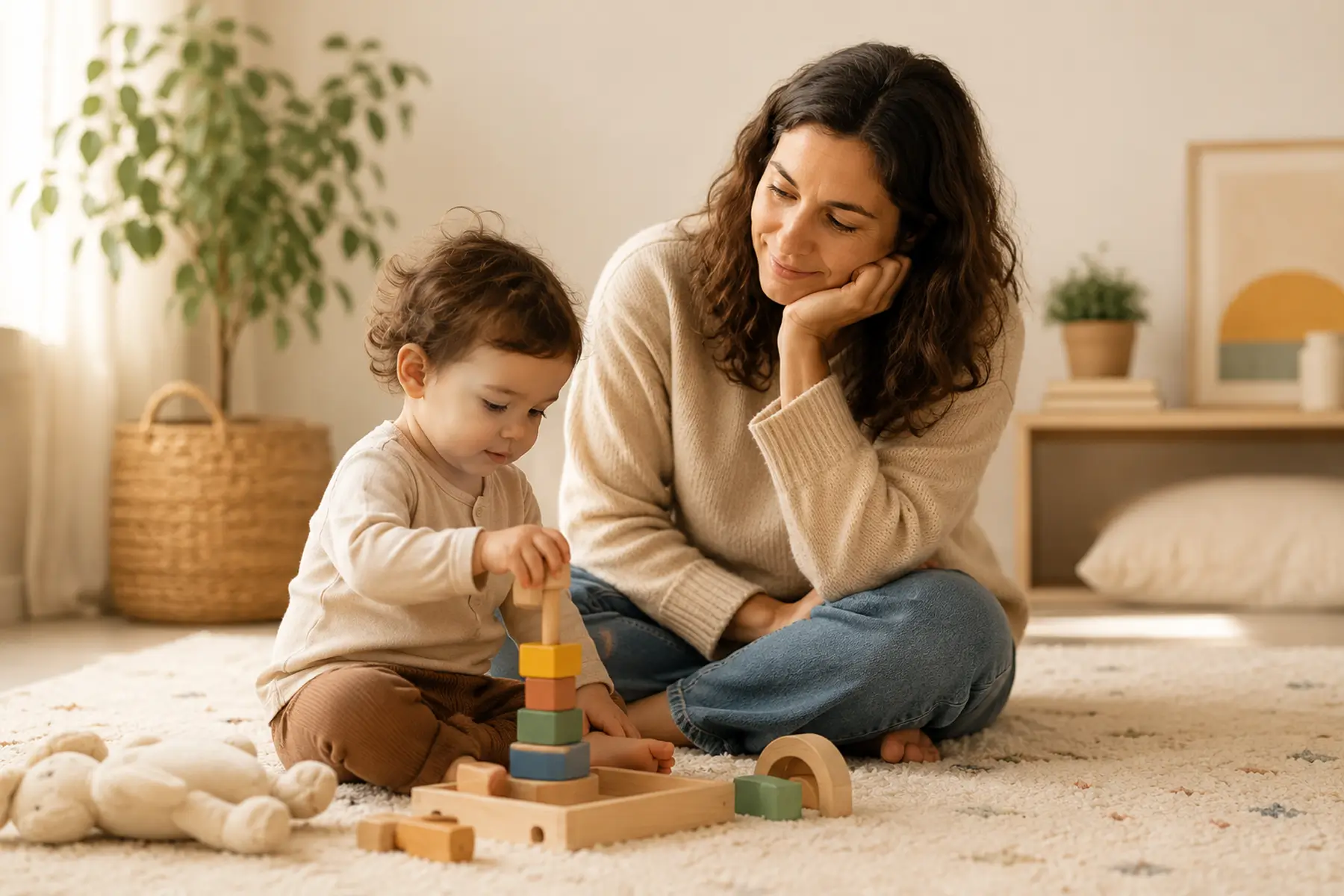 Mother observing child playing
